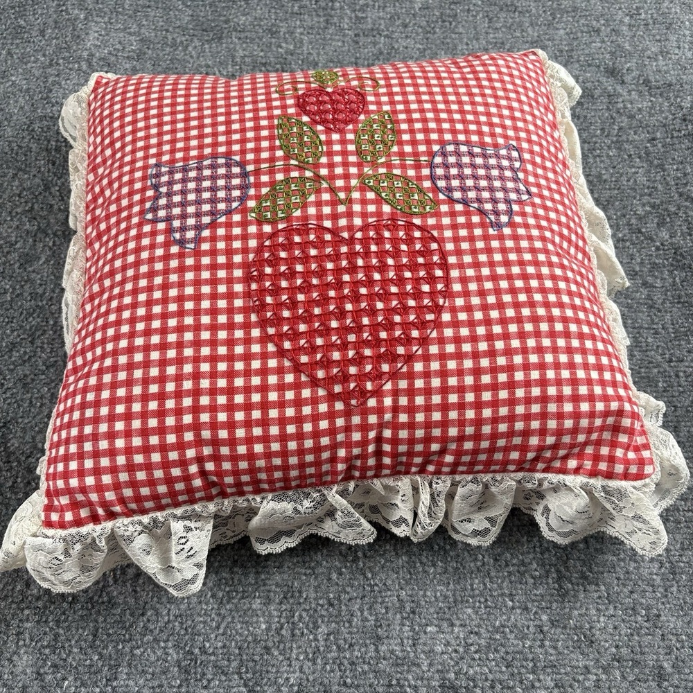 VTG 80s Handmade Pillow Red Gingham Heart Floral Embroidered‎ Lace Trim Folk Art
